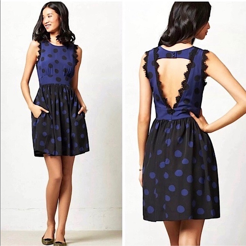 Corey Lynn Calter Navy Blue Polka Dot Split Level Lace Trim Dress 8